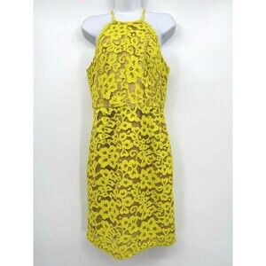 Trina Turk Neon Yellow Lace Over Nude Halter Sheath Silk Elegant Party Dress - 6